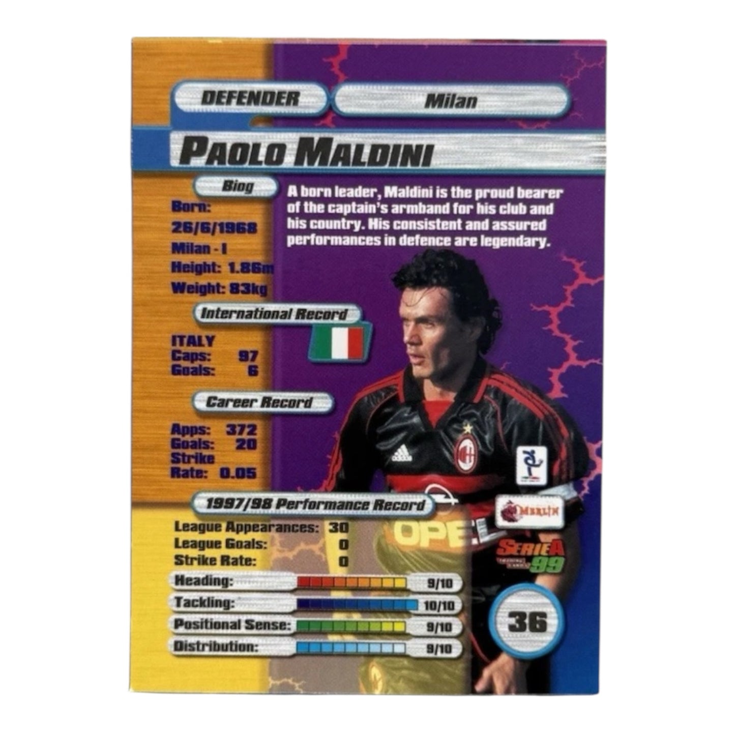 Maldini card Milan Merlin Calcio Serie A 1999 #36 IT