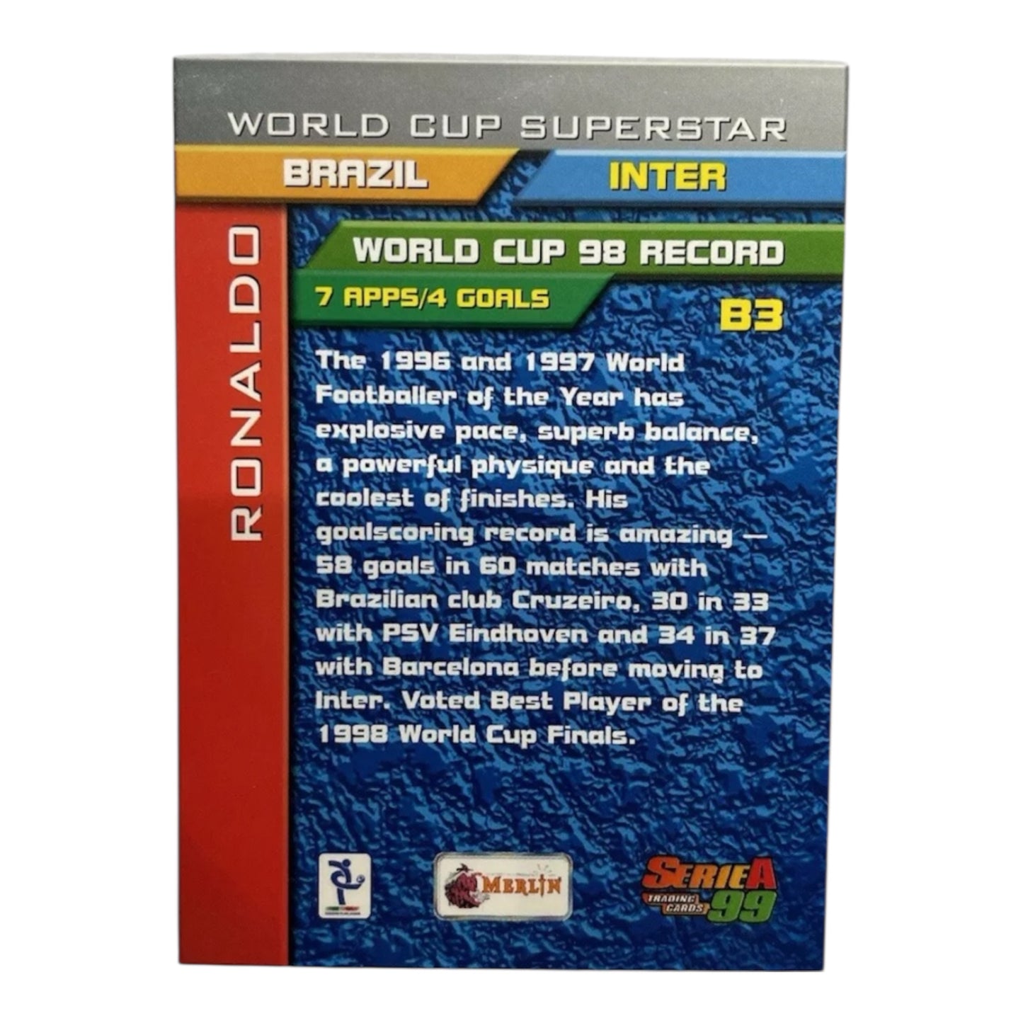 Ronaldo card Inter Merlin Calcio Superstar Serie A 1999 Holo #83 IT