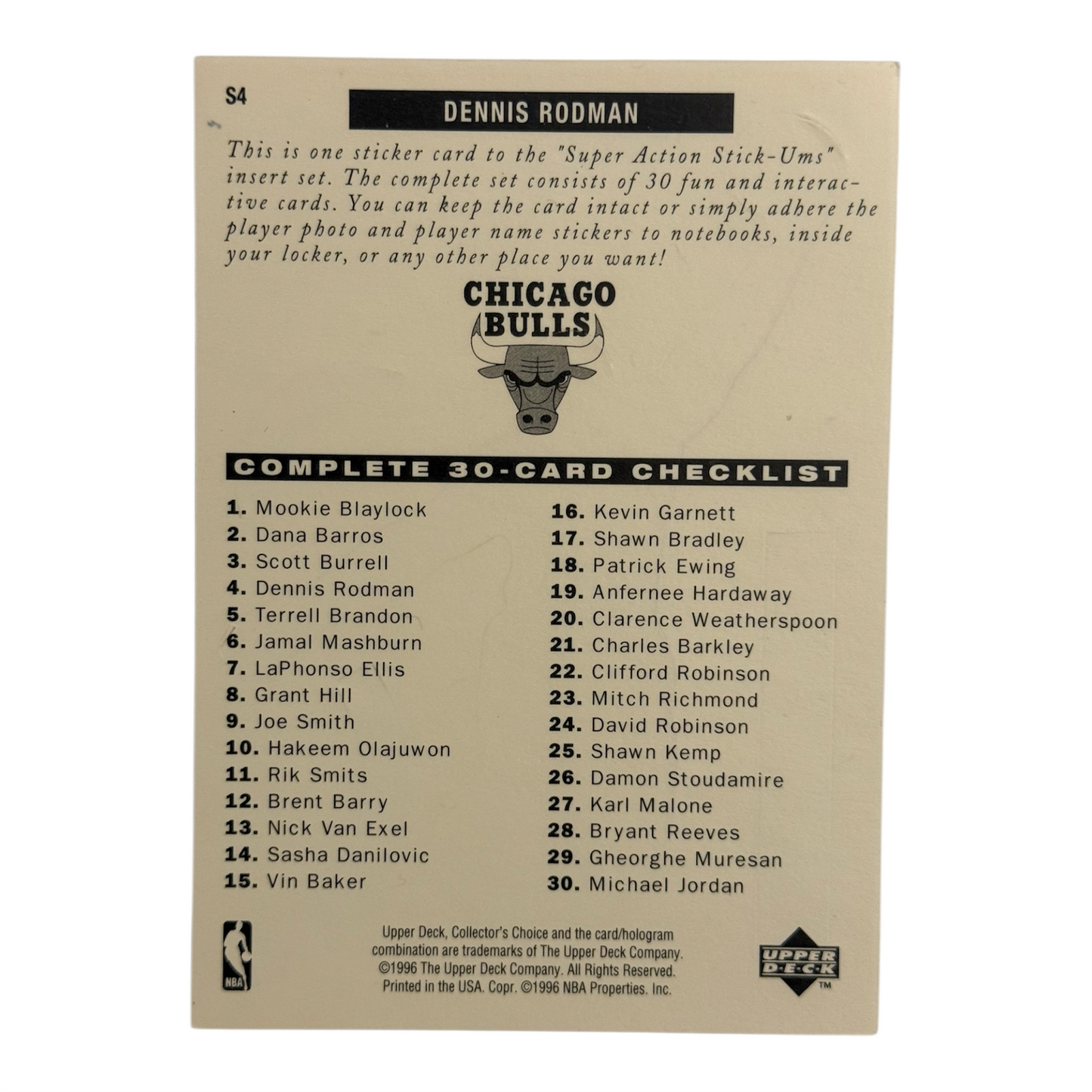 Dennis Rodman Bulls nba sticker Upper deck 1996
