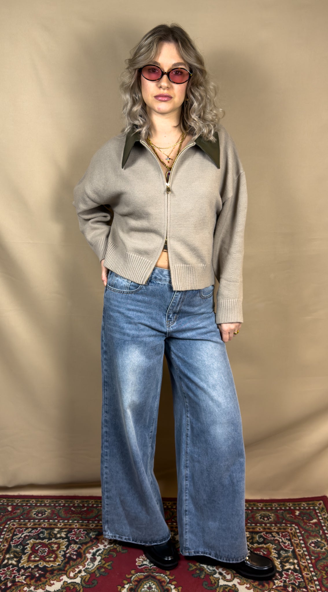 AR MAGLIONE ZIP COLLETTO PELLE CACHI