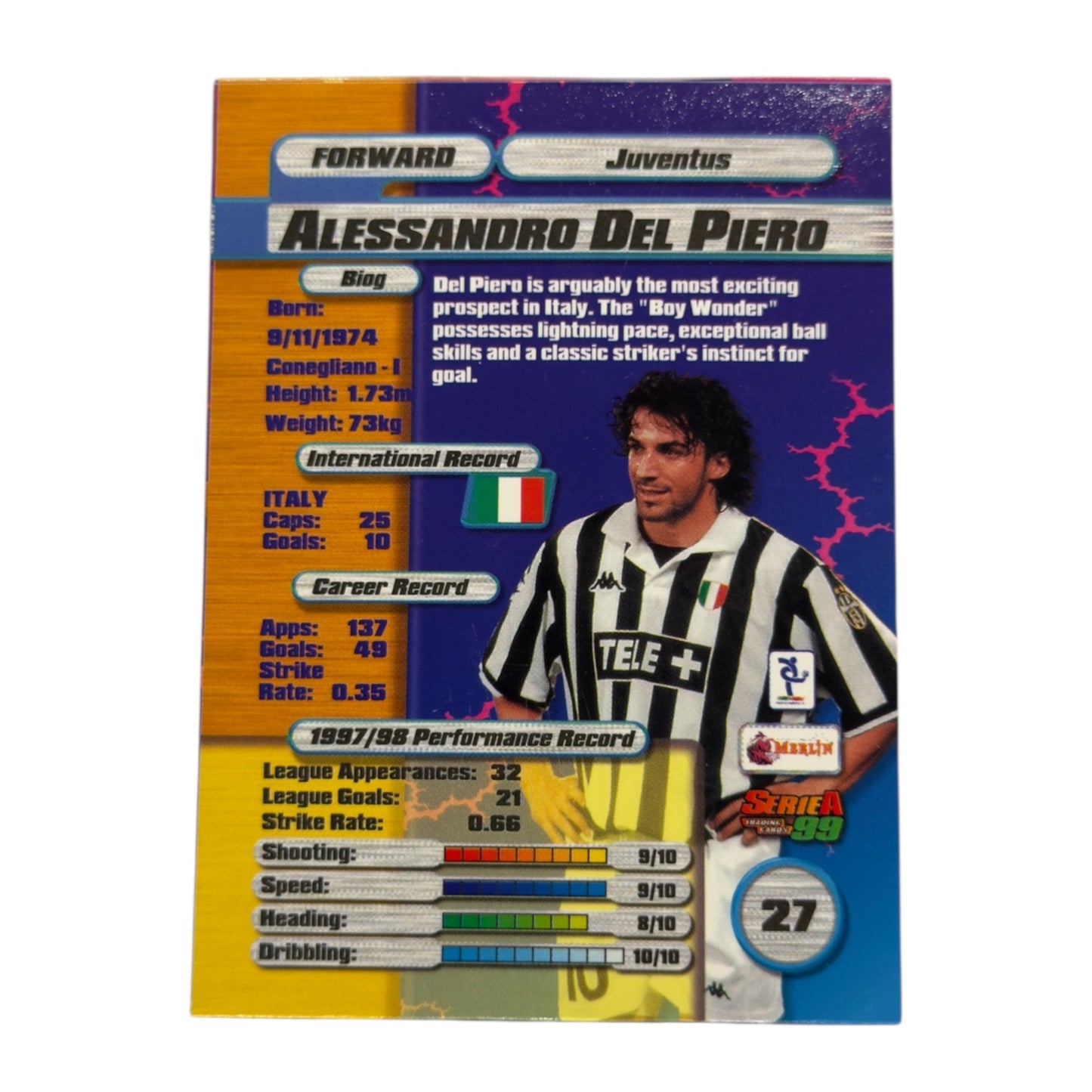 Del Piero card Juventus Merlin Calcio Serie A 1999 #27 IT