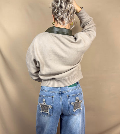 AR MAGLIONE ZIP COLLETTO PELLE CACHI