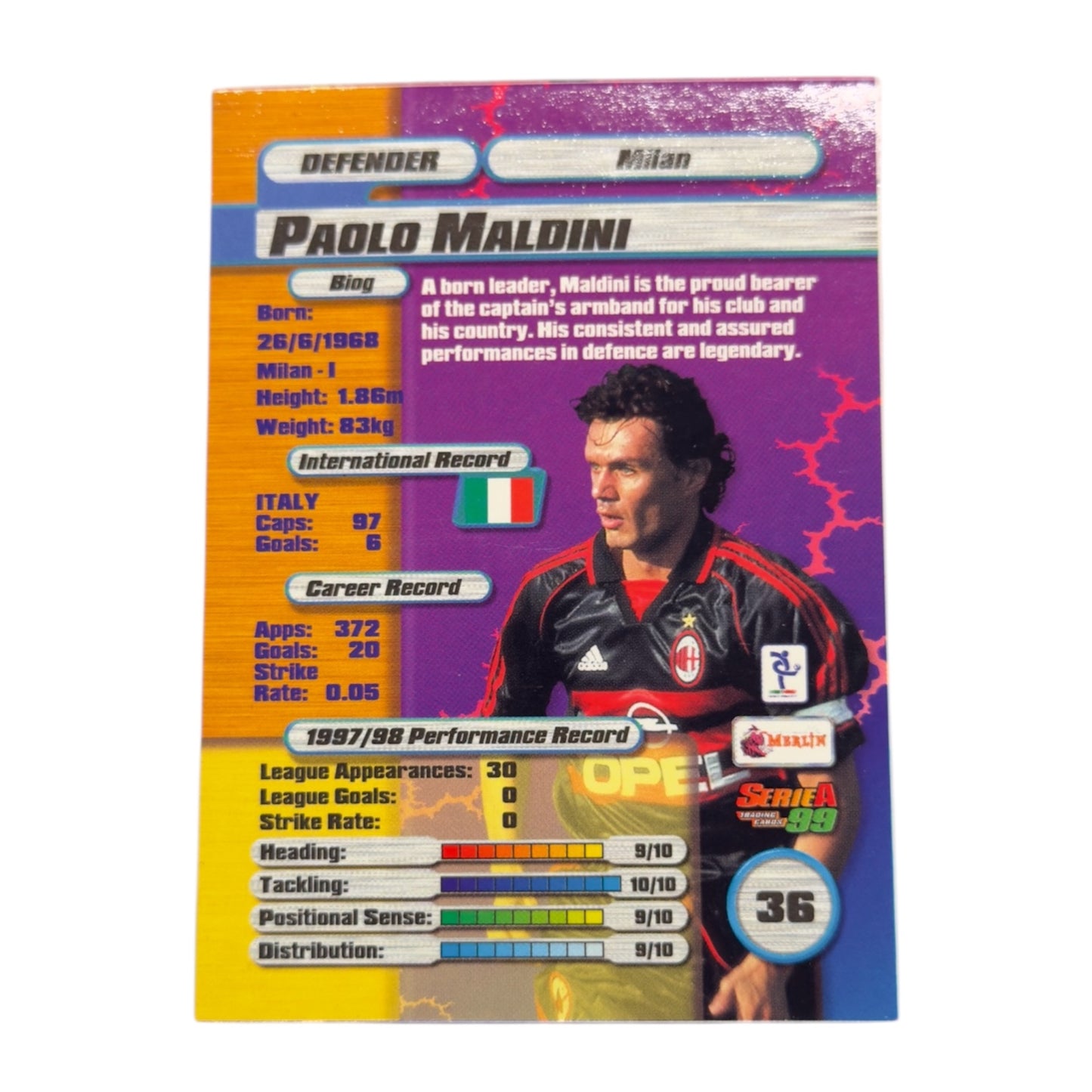 Maldini card Milan Merlin Calcio Serie A 1999 #36 IT