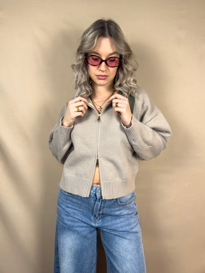 AR MAGLIONE ZIP COLLETTO PELLE CACHI