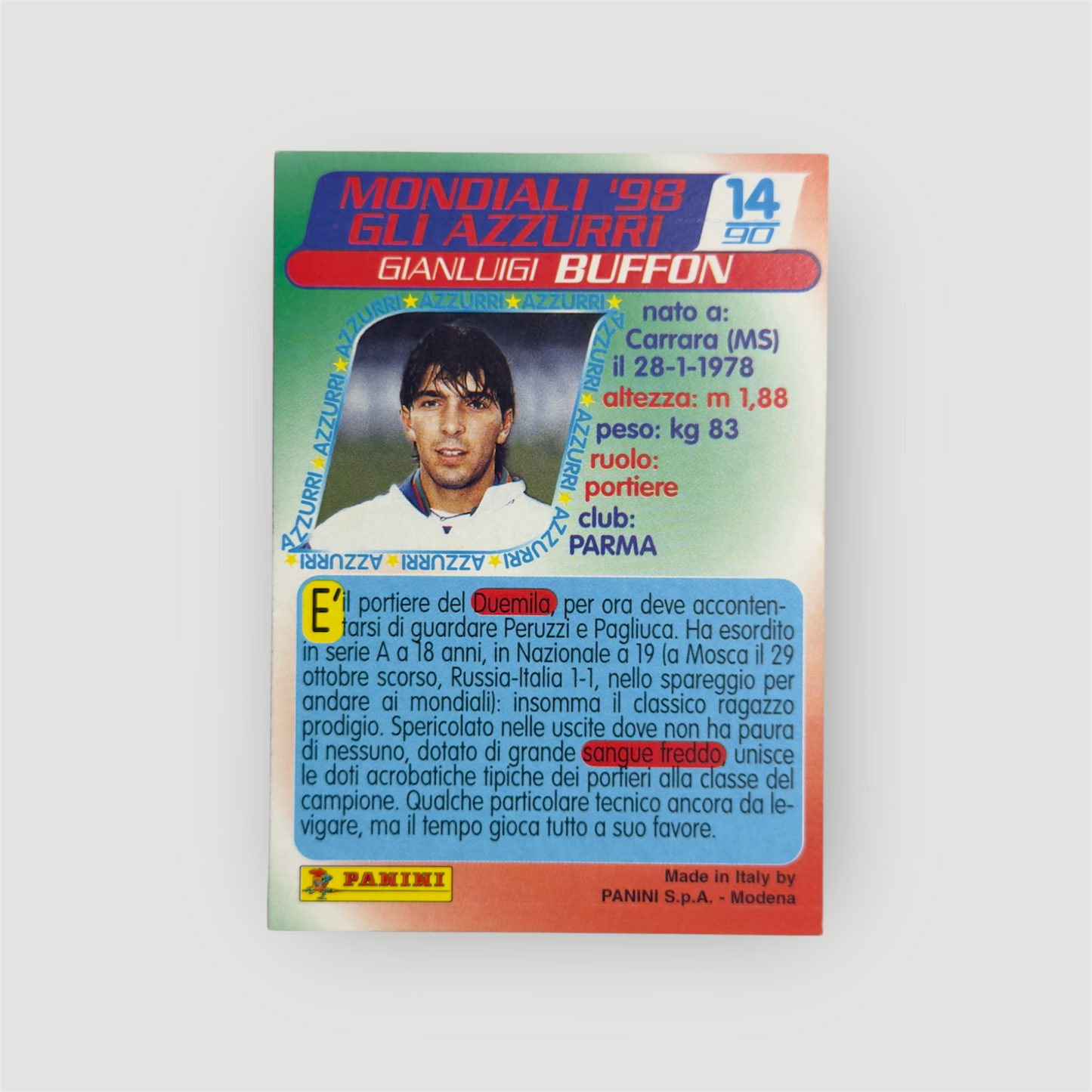 1998 PANINI WORLD CUP MONDIALI 98 GLI AZZURRI GIANLUIGI BUFFON ITALY