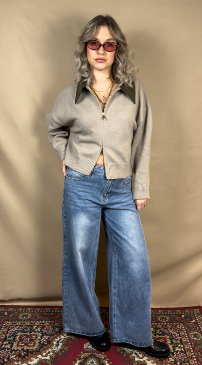 AR MAGLIONE ZIP COLLETTO PELLE CACHI