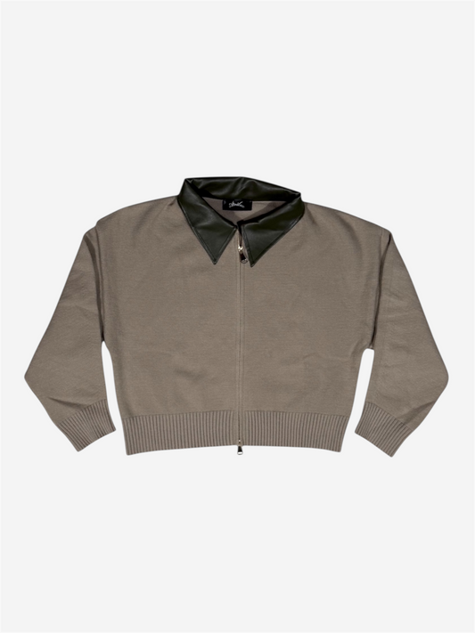 AR KHAKI LEATHER COLLAR ZIP-UP SWEATER
